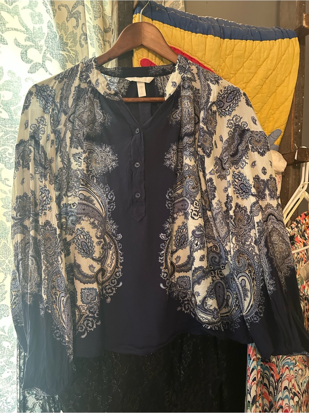 H&M Navy and White Paisley Henley Blouse with Sheer Sleeves